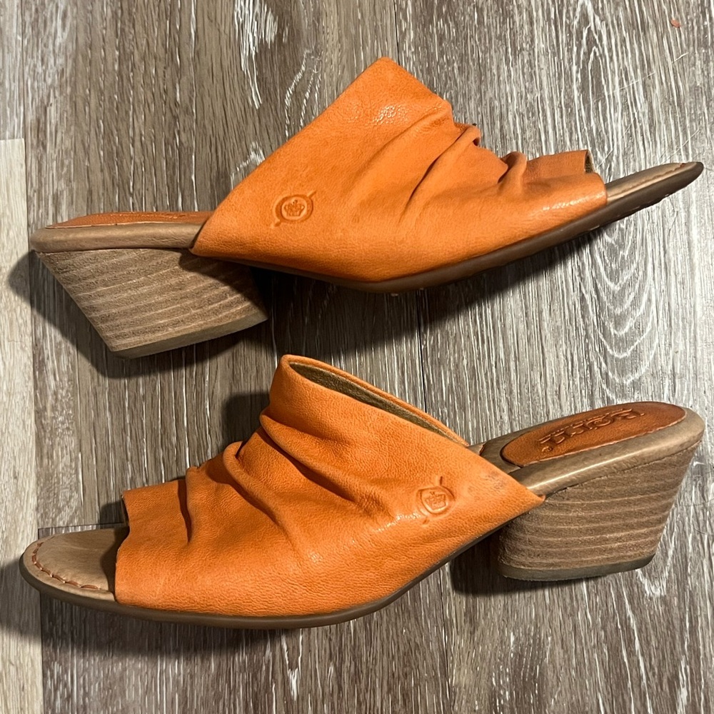 Born size 7 • Leather Ruched Mule Heels in Orange